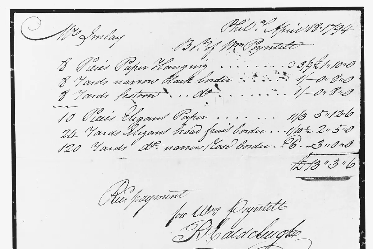 A handwritten bill from 1794 for wallpaper, with its items, total and a note that payment was received
