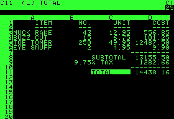 VisiCalc on an Apple II showing a list of items with a subtotal, a tax line and a total