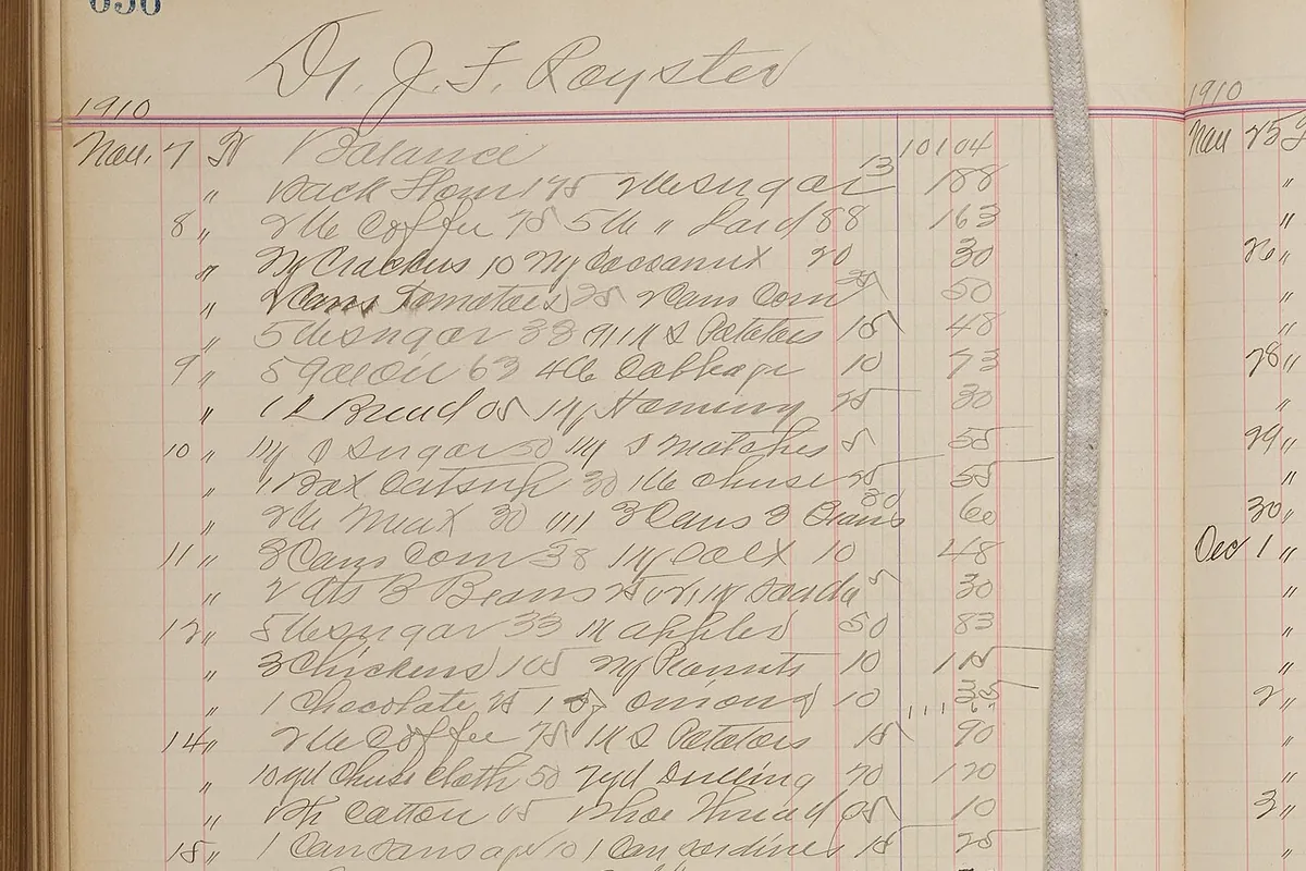 A handwritten page from a general store account ledger dated 1910, with purchases listed line by line